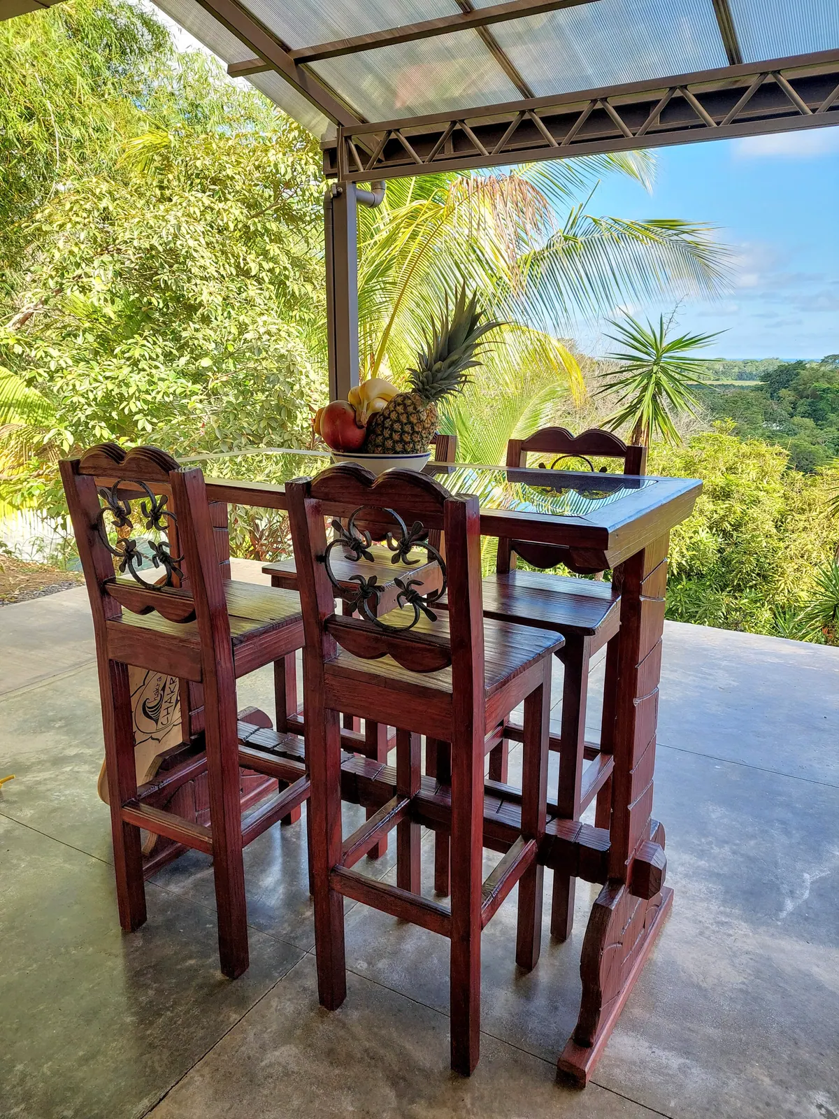 Fresh tropical breakfast spread in the kitchen with local fruits