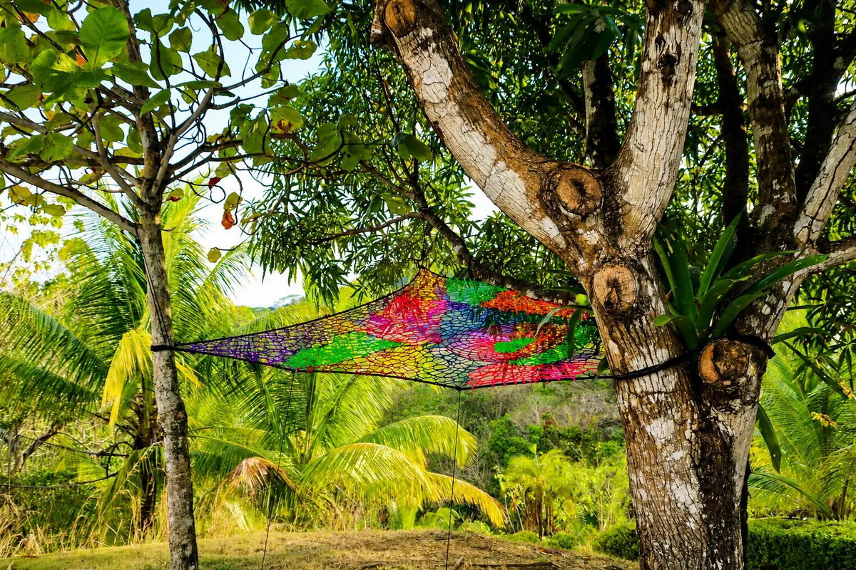 Unique tree net lounging area suspended among the jungle canopy